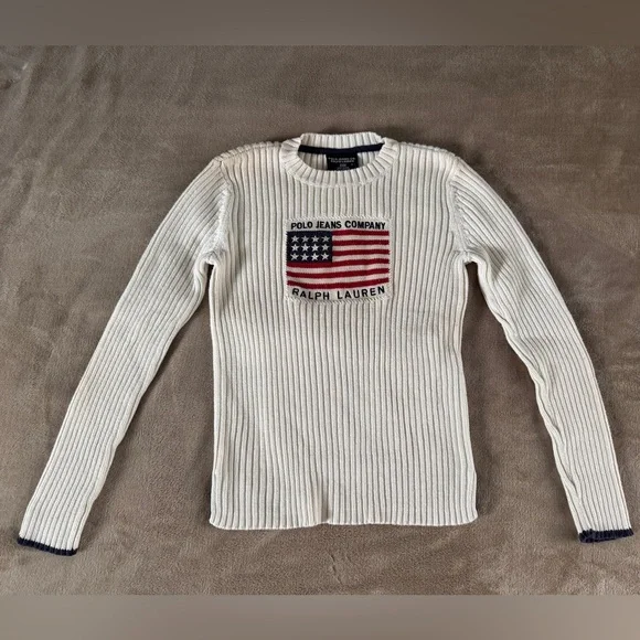 Ralph Lauren Polo Jeans Flag Sweater Ivory USA Preppy Vintage 90s - Picture 3 of 14